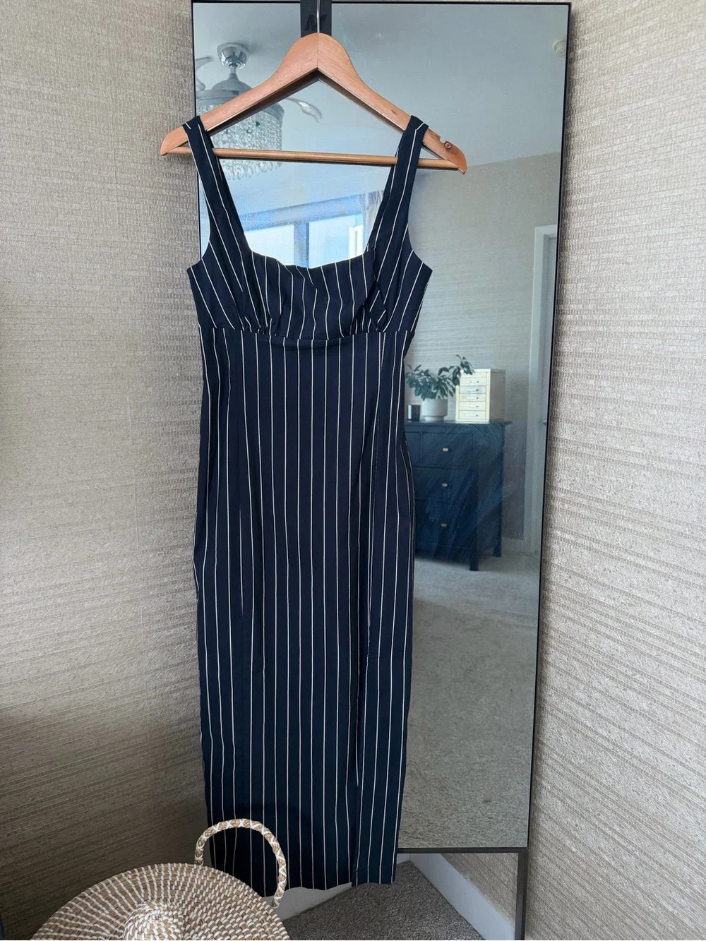 Anthropologie Navy Pinstripe Square Neckline Midi Dress with Side Slit. NWT. XS. - Picture 4 of 10